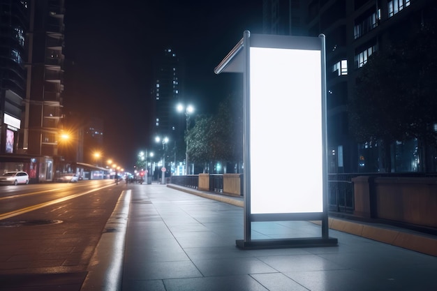 Blank white vertical digital billboard poster on city street bus stop sign at night AI generated