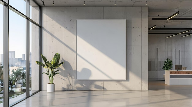 Blank white wall in a concrete office with large windows Mockup 3D rendering