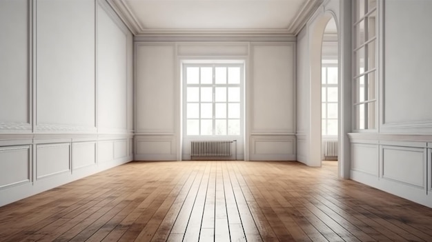 Blank white wall in an empty room with a wooden floor front view