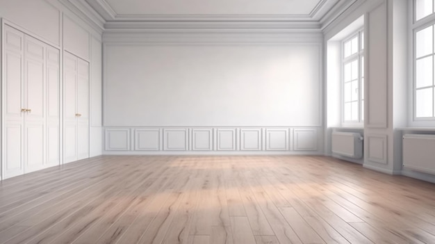 Blank white wall in an empty room with a wooden floor front view