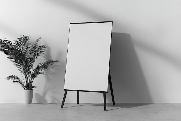 Blank whiteboard on an easel in a white room with a plant in a pot