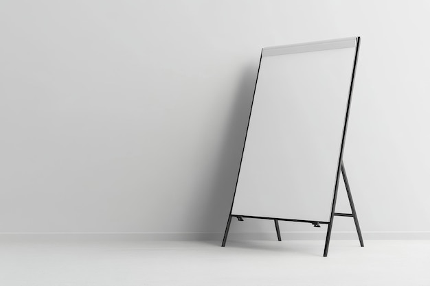 Blank whiteboard on a stand in front of a white wall