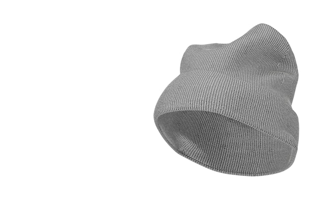 Photo blank winter gray knitted wool beanie hat cap mockup with free space for your design on a white background. 3d rendering