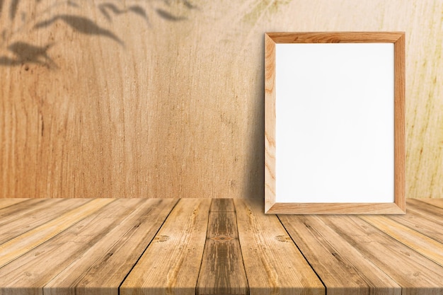 Blank wood frame on tropical wood floor and wood wall,template mock up for adding your content