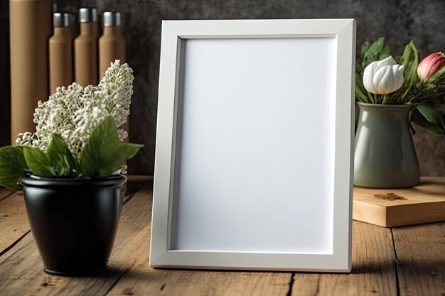 Blank wood image frame book on table can be used for text or art Top view