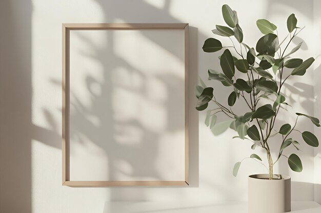 A blank wooden frame mockup on a white wall with a potted plant and sunlight shadows