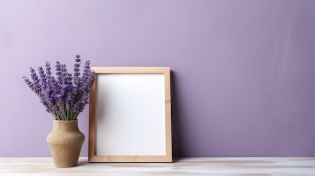 Blank Wooden Frame With Lavender On Gray Wall