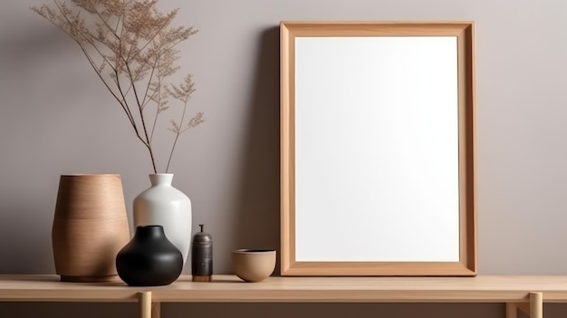 Blank wooden picture frame mockup generative AI illustration