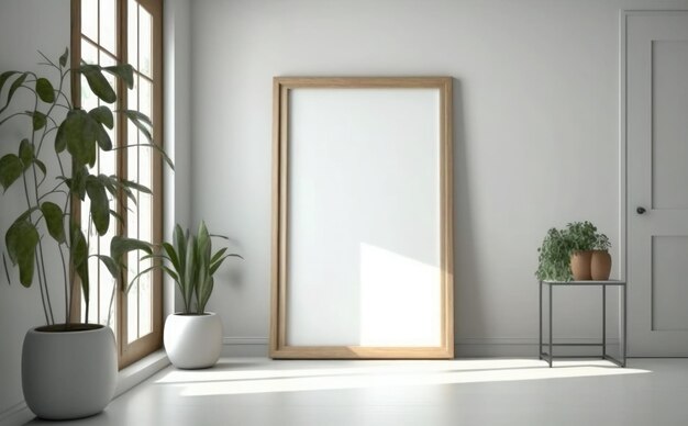 Blank wooden picture frame mockup on wall Empty picture frame mockup on a wall vertical frame