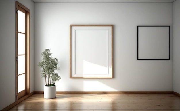 Blank wooden picture frame mockup on wall