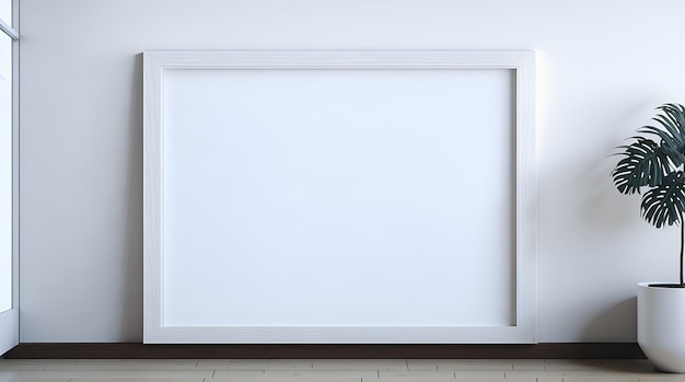 Blank wooden picture frame mockup on white wall