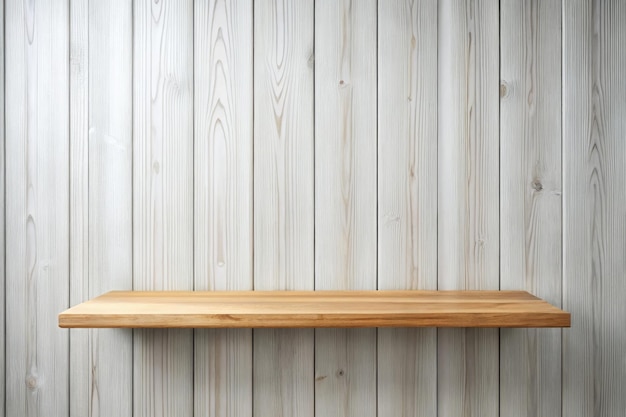 Photo blank wooden shelf against a white wooden wall for minimalistic decor ideas generative ai