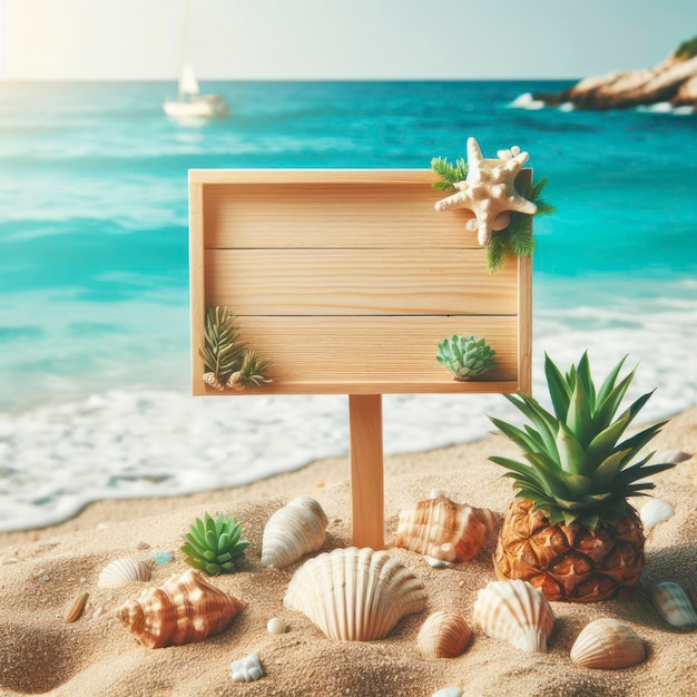 Blank wooden signboard on the beach vacation at sea mockup ai generative