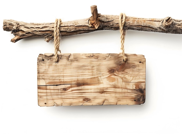 Blank Wooden Signboard Hanging on a Dead Branch Against a White Background