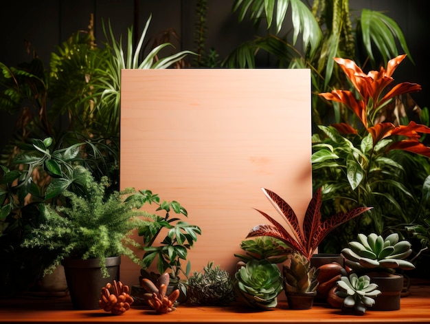 Blank wooden signboard with various houseplants on wooden table Generative AI