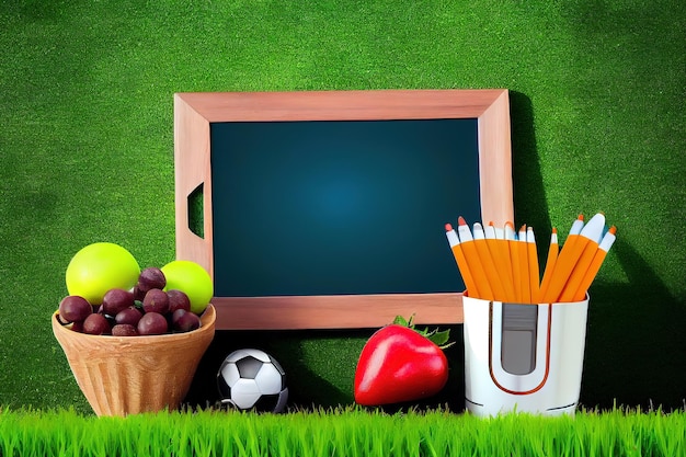 Blank wooden slate with sport equipments and healthy fruits on green turf Generative Ai