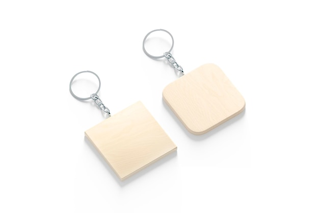 Blank wooden square tag on chain mock up side view