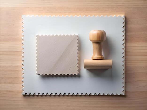 Photo a blank wooden stamp with a wooden handle sits on a white sheet of paper with a perforated edge mimicking a postage stamp