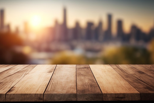 Blank wooden tabletop with beautiful blurry skyline in sunny weather on background mockup