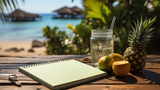 Blank writing book with summer beach accessories on background