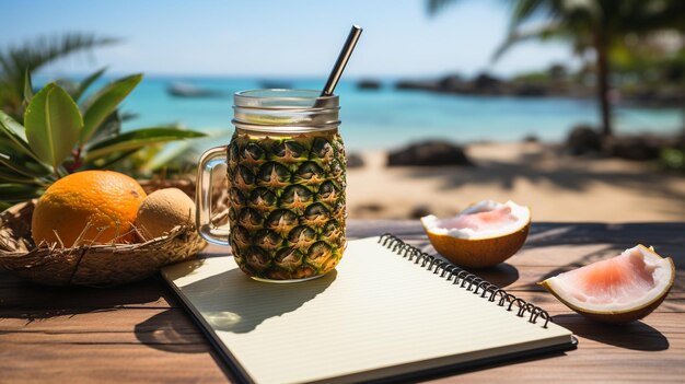 Blank writing book with summer beach accessories on background