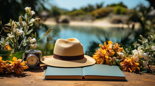 Blank writing book with summer beach accessories on background