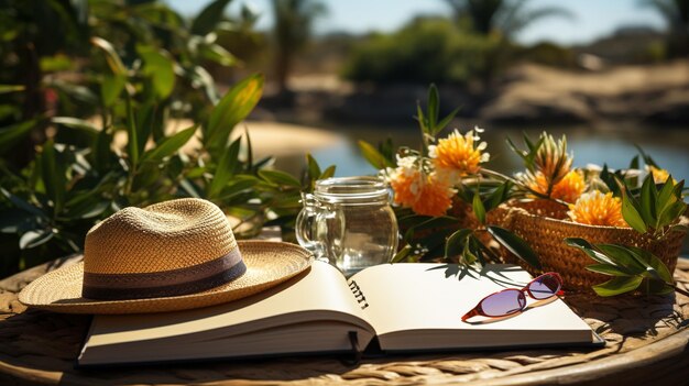 Blank writing book with summer beach accessories on background