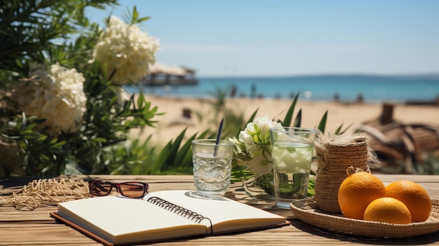 Blank writing book with summer beach accessories on background