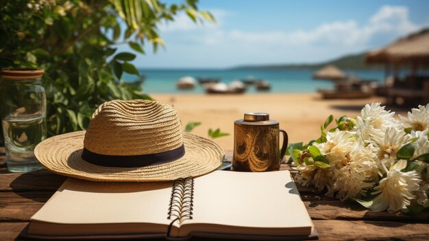 Blank writing book with summer beach accessories on background