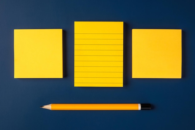 Blank yellow sticky note and pencil on navy blue table background