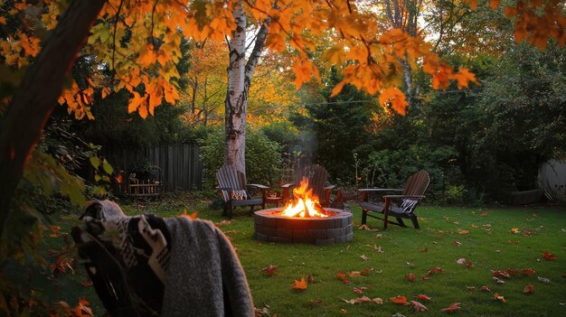 a blanket hangs over a fire in front of a tree with a sweater hanging over it