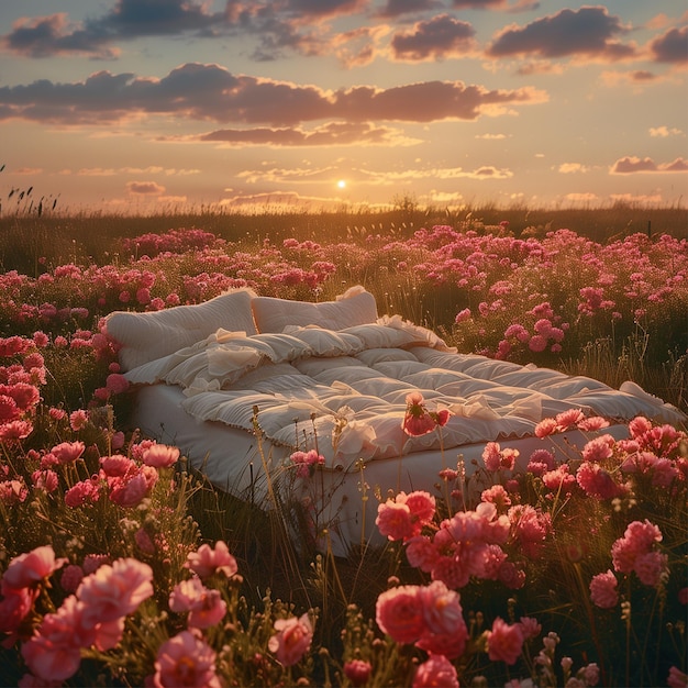 a blanket with a blanket on it is in a field of flowers