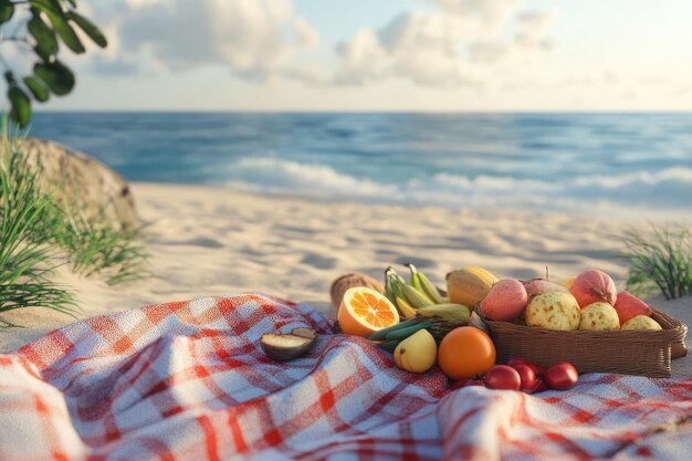 Photo a blanket with fruits and a basket of fruit on it