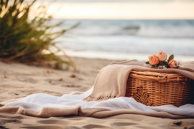 Blanket with picnic basket on sandy beach near sea space for text