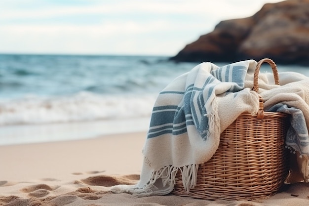 Blanket with picnic basket on sandy beach near sea space for text