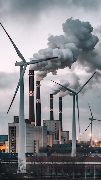 Photo blast furnaces emitting smoke from chimneys with spinning wind turbines under sky