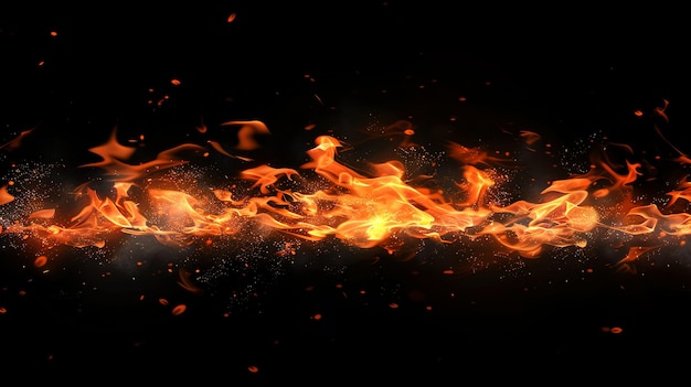 A blazing fire with sparks and smoke on a black background