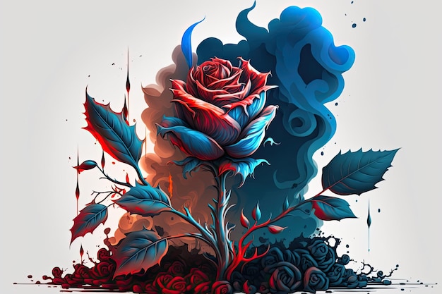 A blazing red rose bloomed atop a heap of cinders and smoke Flame colored rose