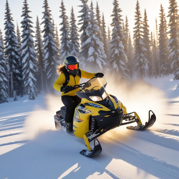 Photo blazing snow highspeed snowmobile racing through snowy terrain with thrilling speed and adrenaline