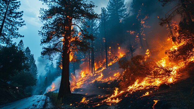 A blazing tree engulfed in inferno causing a deadly forest fire that threatens nearby roads and vehicles with occupants