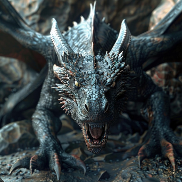 A blck dragon with a fierce angry face guarding a cave realistic detail ultra HD v 6 Job ID 029231883eac4e2aa44892d1b9d687cf