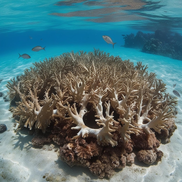 Bleached Acropora coral in shallow water due to El Nino Pacific ocean