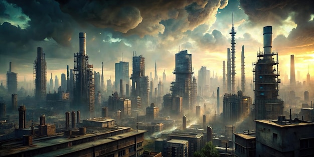 A bleak and polluted cityscape in a dystopian future pollution environmental degradation urban decay