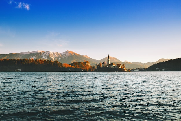 Bled Lake on sunrise December morning on the lake at dawn Autumn Winter in Slovenia Europe