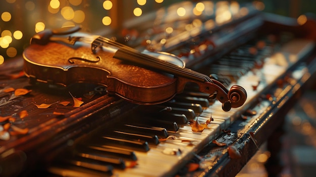 Photo blend the soulful harmony of a piano keyboard and a violin