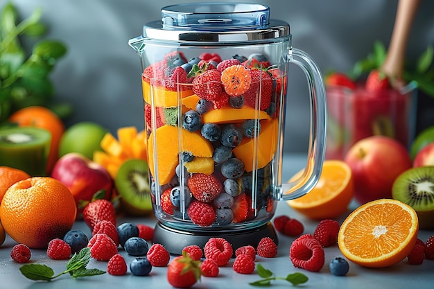 Photo a blender full of fruit including blueberries strawberries oranges and kiwis