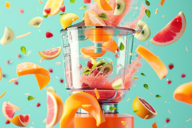 Photo a blender full of fruit is shown with the fruit pieces flying out of it