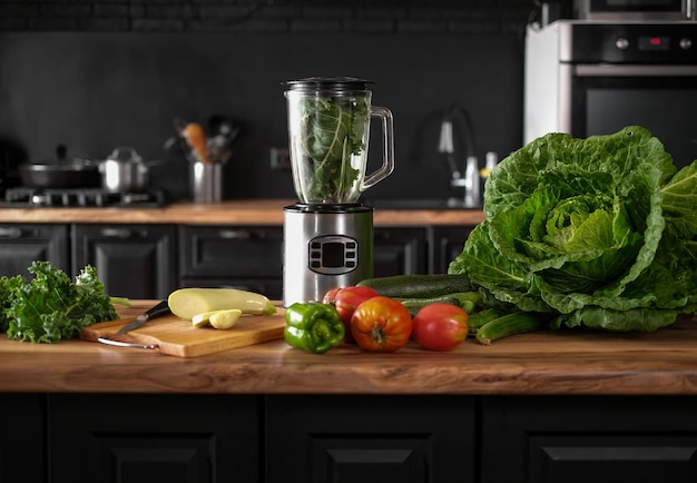 Blender full of green ingredients for smoothie making on the table with green raw vegetables