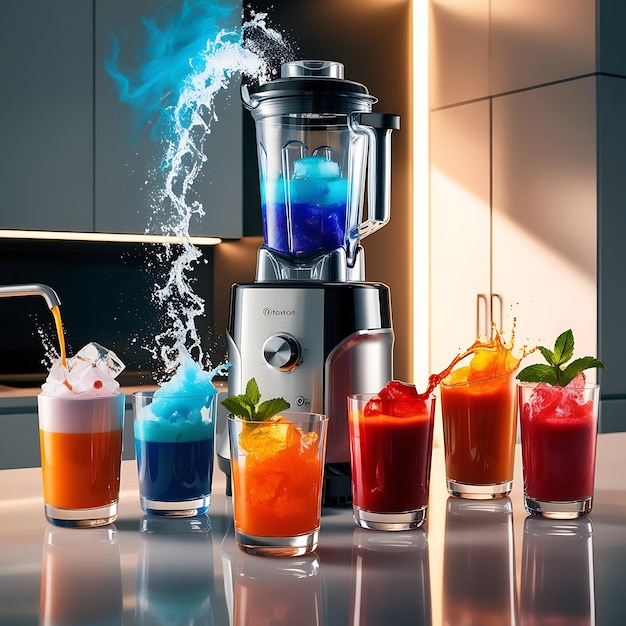 A blender is making juice and the juice is flying