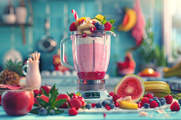 Photo blender with milkshake and a lot of fruits